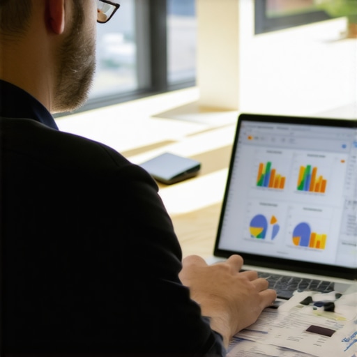 Efficient Business Finance Management A person managing business finances on a laptop with charts and receipts