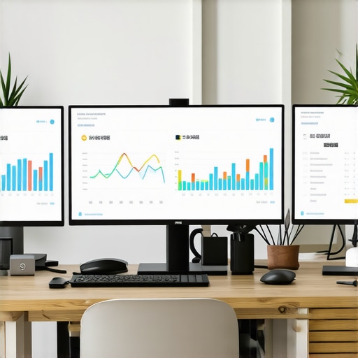 A professional working on a computer with dashboards showing financial data and analytics.