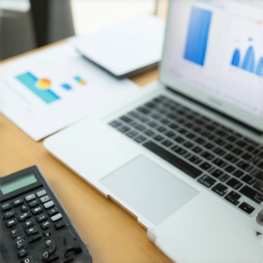 A clean workspace with financial software on a computer screen, calculator, and organized documents, representing maintenance in CPA services.
