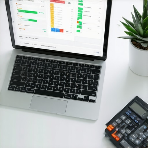 A workspace with accounting tools and software showing organized financial data.