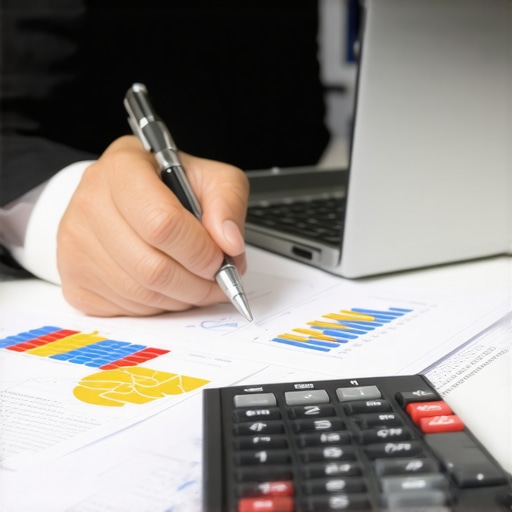 A professional accountant reviewing financial documents with calculator and laptop