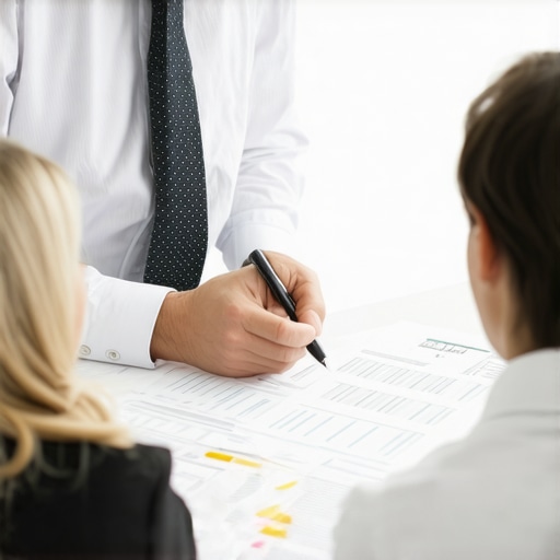 Accountant and client discussing financial documents in a modern office