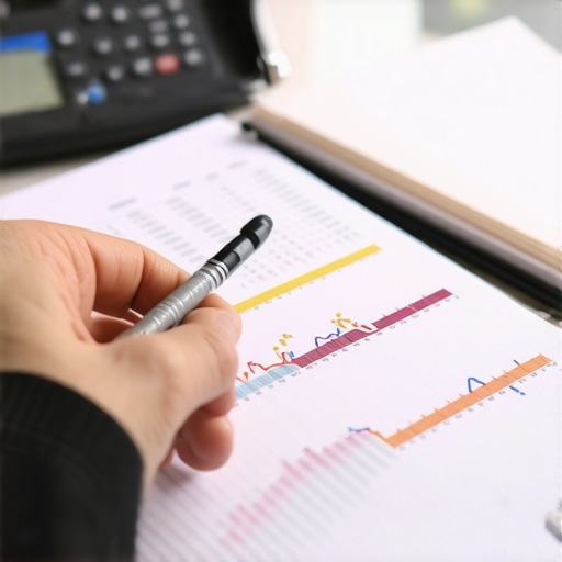 Accountant analyzing financial documents with spreadsheets and ledger