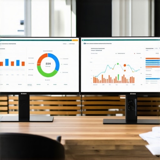 A sleek workspace with monitors showing financial dashboards for expense, payroll, and tax tracking