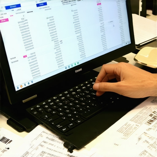 Person analyzing financial documents on computer for bookkeeping compliance.