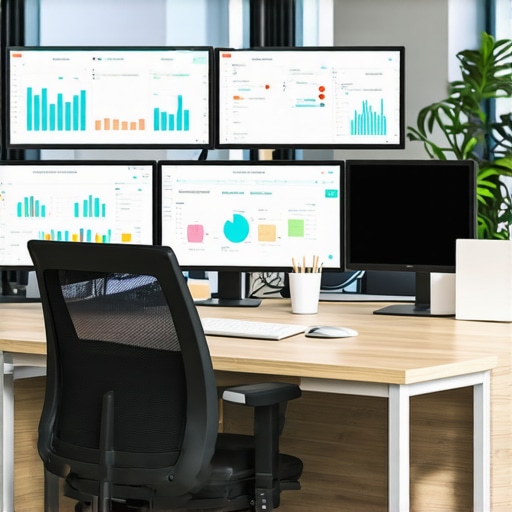 Office workspace showing multiple monitors with financial and payroll software screens.