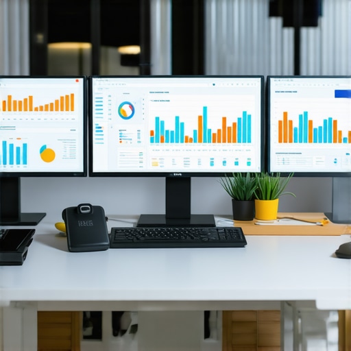 Multiple screens showing accounting, payroll, and audit dashboards in a modern office setting.