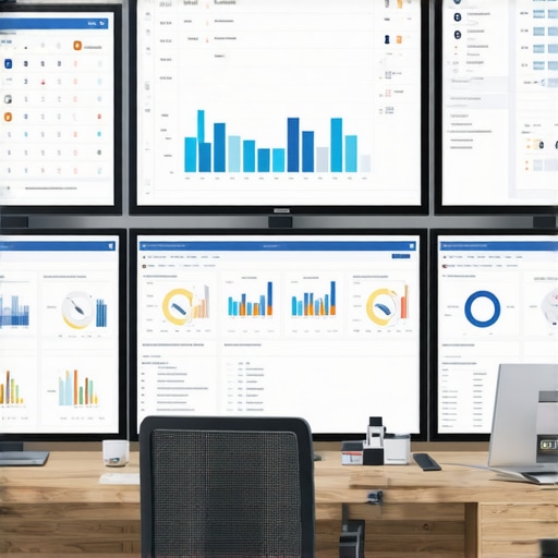 Multiple screens showing accounting dashboards and financial tools in a modern office