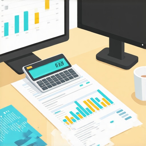 Desk with accounting software, reports, and a computer, representing financial system upkeep.
