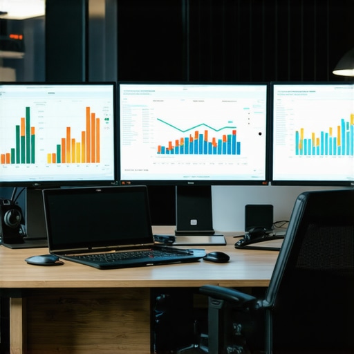 Multiple screens in an office showing financial analytics, compliance alerts, and accounting dashboards.