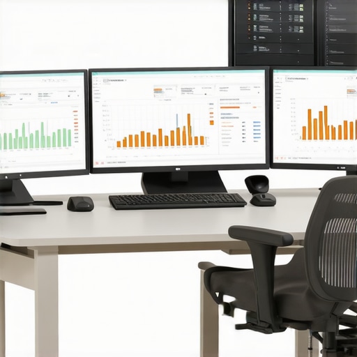 Modern office setup showing financial software dashboards and digital document management