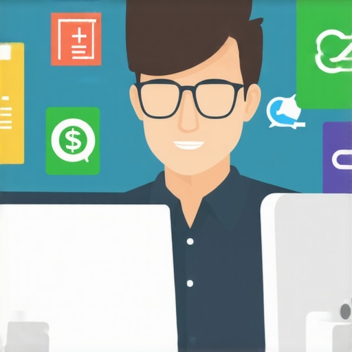 Business owner overseeing payroll and financial software on a computer, with software icons in the background.