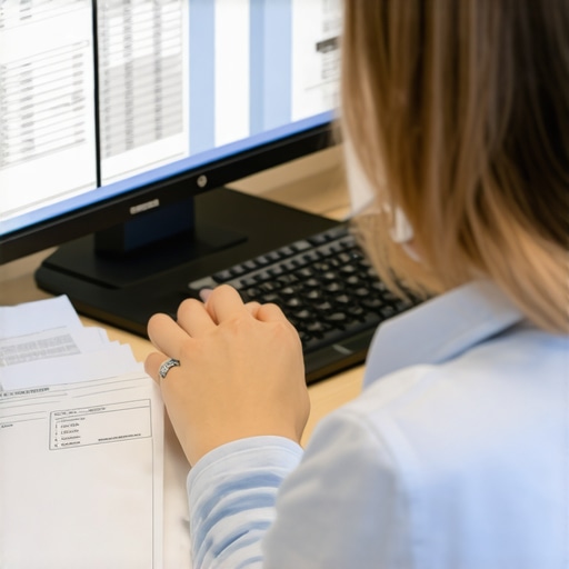 Person comparing bank statements and ledger entries on a computer