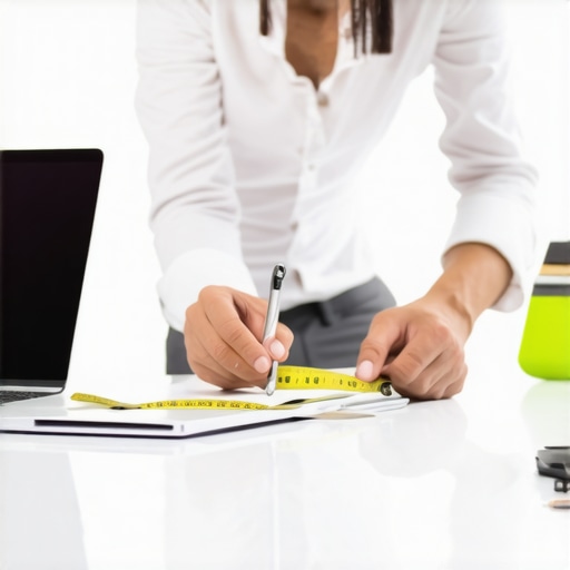 Person measuring a small home office space with a tape measure to determine its size for tax deduction purposes.