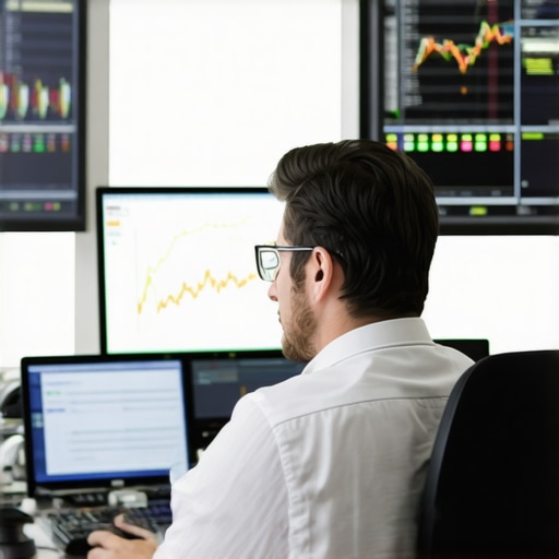 A professional accountant analyzing data on dual computer screens with charts and spreadsheets.