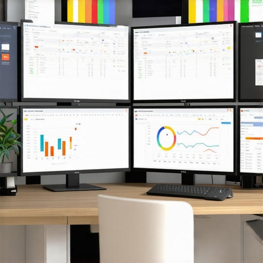 Modern Accounting Workspace with Advanced Software Tools A professional workspace featuring dual monitors showing accounting and payroll management tools.