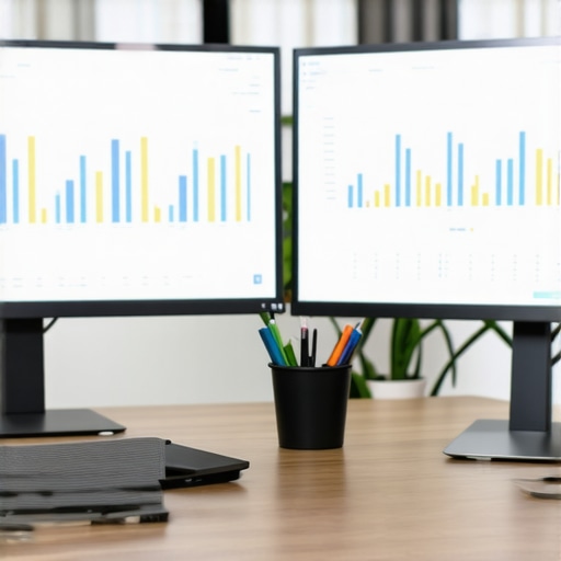 A desk with computers showing financial dashboards and audit tools.