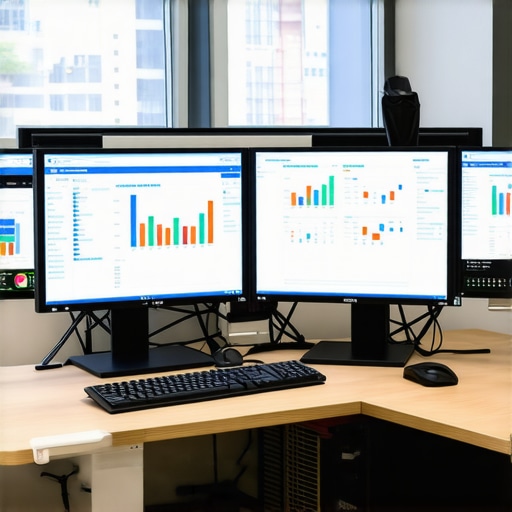 A workspace setup showing accounting dashboards on computer screens, representing financial management tools.