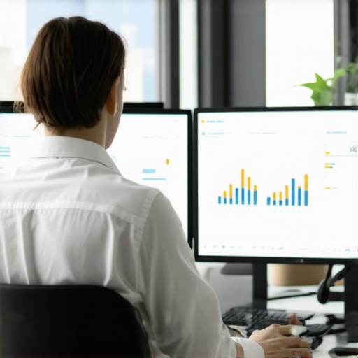 Accountant analyzing financial data on computer screens in a contemporary office