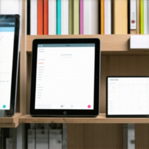 Close-up of inventory shelf with digital tablets showing inventory data to improve tax accuracy.