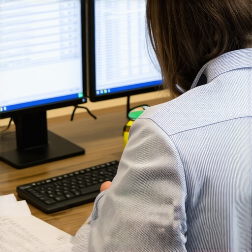 Business owner reviewing employee records on a computer during payroll audit