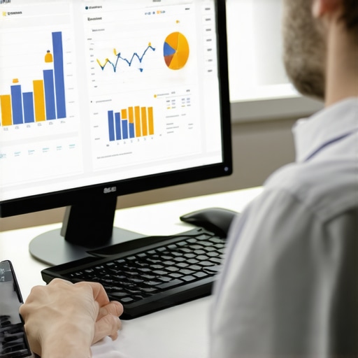 Payroll Data Analysis in Progress Accountant analyzing payroll information on digital devices with visual graphs.