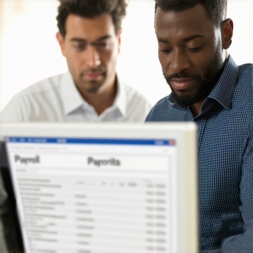 Business owner collaborating with CPA over payroll reports to ensure tax compliance.