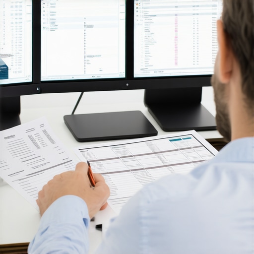 Business owner analyzing sales and tax data on multiple screens to verify sales tax liability.
