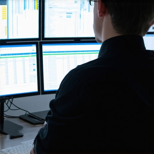 Accountant analyzing multi-screen digital sales and tax data for compliance