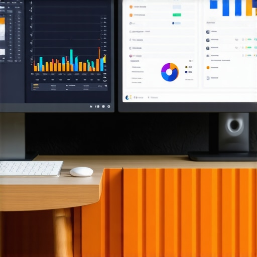A professional accountant's workspace with two computer screens displaying financial dashboards and automation tools