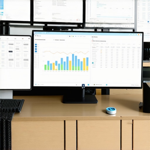 A modern accountant's desk with monitors displaying financial tools and dashboards.