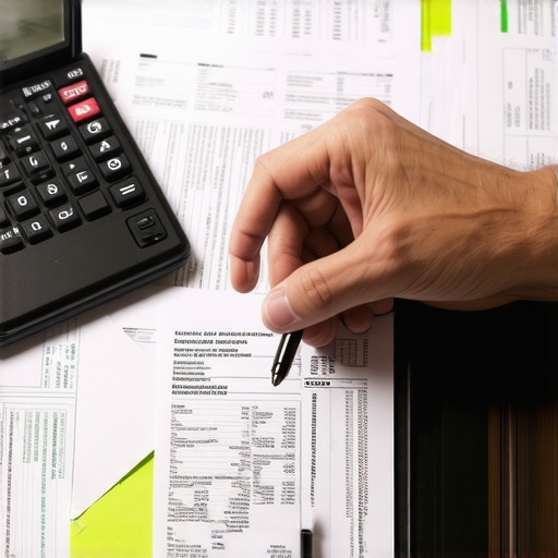 An accountant analyzing invoices with a magnifying glass, ensuring accuracy and duplication detection