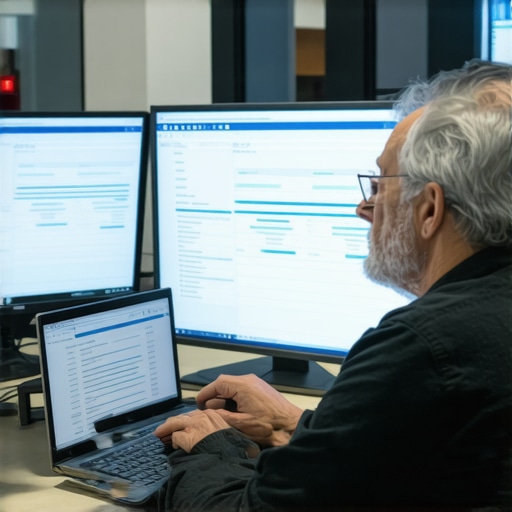 Accountant reviewing payroll integration on dual monitors, ensuring error-free data transfer