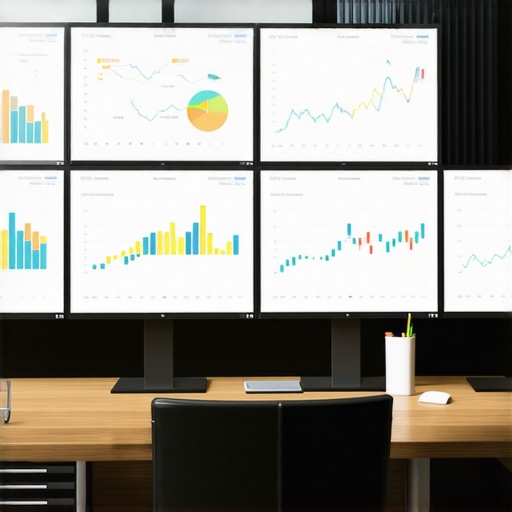 Office workspace with screens showing accounting and payroll software dashboards.