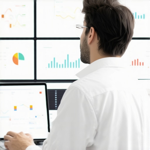 A professional accountant managing financial data using multiple monitors with charts and dashboards