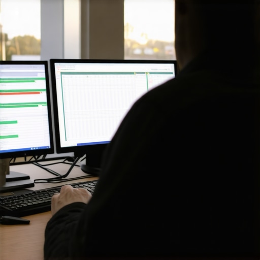 Accountant analyzing fixed asset records on a computer screen.