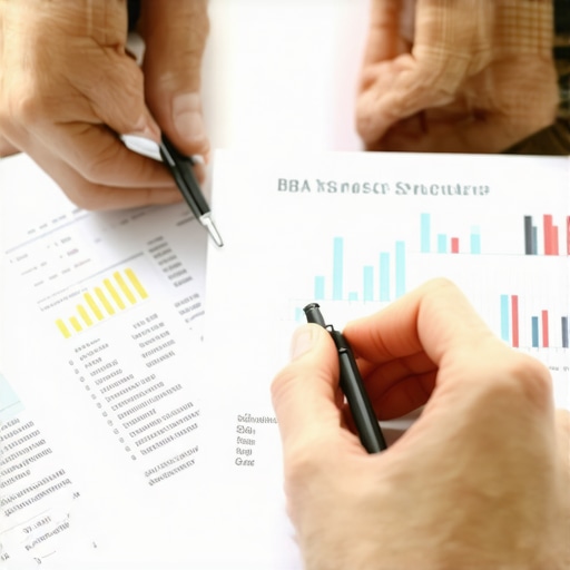 Business owner discussing with CPA over financial documents, planning for tax savings.