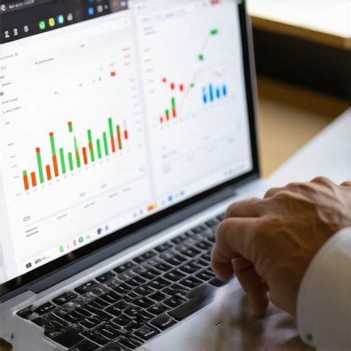 Business Owner Engaged with Financial Software A person analyzing financial data on a laptop with digital graphs and charts, symbolizing tools and maintenance in finance