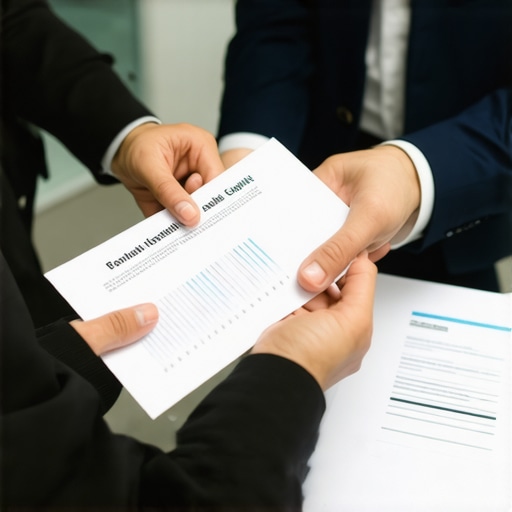 Business team reviewing legal and financial documents together at a desk.