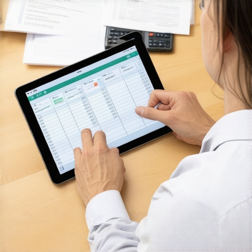 Person reviewing and entering work hours into a digital timesheet on a tablet