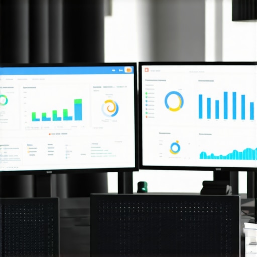 A professional accountant working at a modern desk with dual monitors showing financial data and analytics.