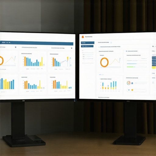 Modern accountant managing finances with dual monitors showing financial dashboards.