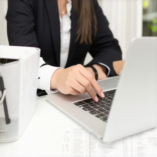Person analyzing financial documents and using accounting software on a laptop