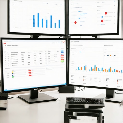 Efficient Financial Dashboard Setup A modern office environment with computers showing financial dashboards and automation tools for business accounting
