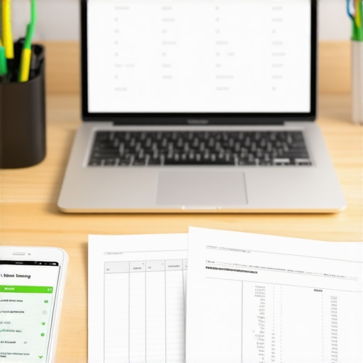 Laptop showing accounting dashboard with financial documents and smartphone for expense tracking