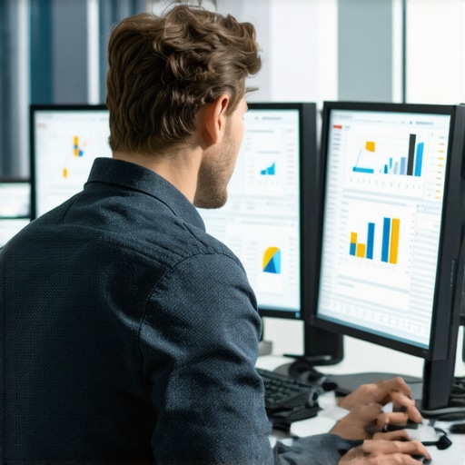 An accountant analyzing financial data on dual monitors with charts and reports.
