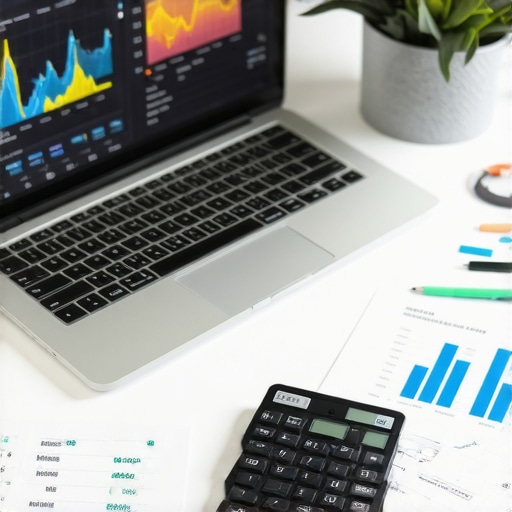 Efficient Financial Management Workspace Laptop displaying financial software with documents and calculator on a desk