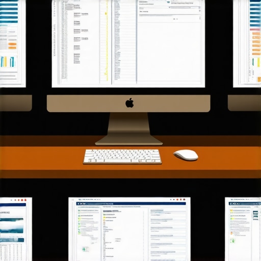 A modern workspace with computers running accounting, payroll, and reconciliation software for business finance.