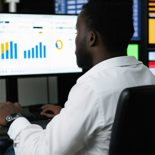 Efficient Financial Management with Technology Accountant working on financial software with multiple screens showing data analytics and automation features.