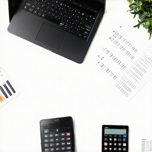 A modern workspace with financial management tools laid out for payroll and tax processing.